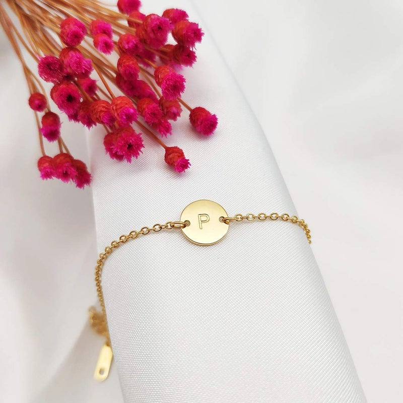 Glimmerst Personalized Initial Bracelet, 18K Gold Plated Stainless Steel Letter P Bracelet Dainty Coin Charm Bracelet Delicate Disc Name Bracelet for Women - Image 3
